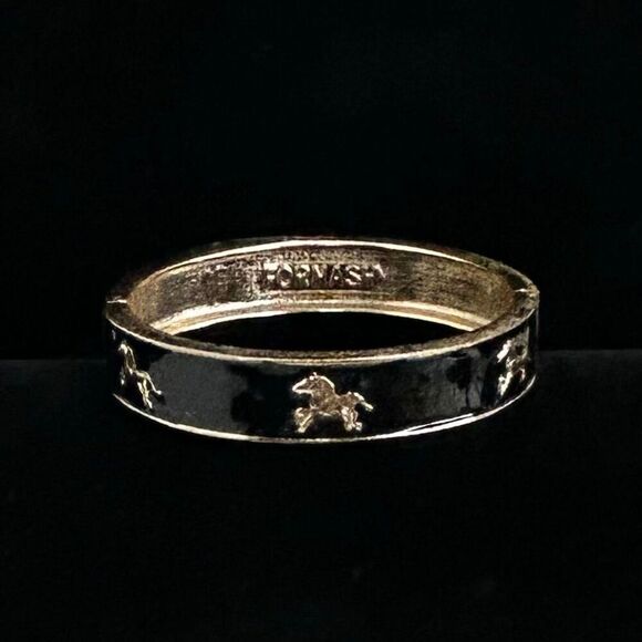 Fornash Bangle Bracelet 2 3/4" Black Gold-tone Enamel Horse Theme Hinged Clamper - Picture 1 of 9